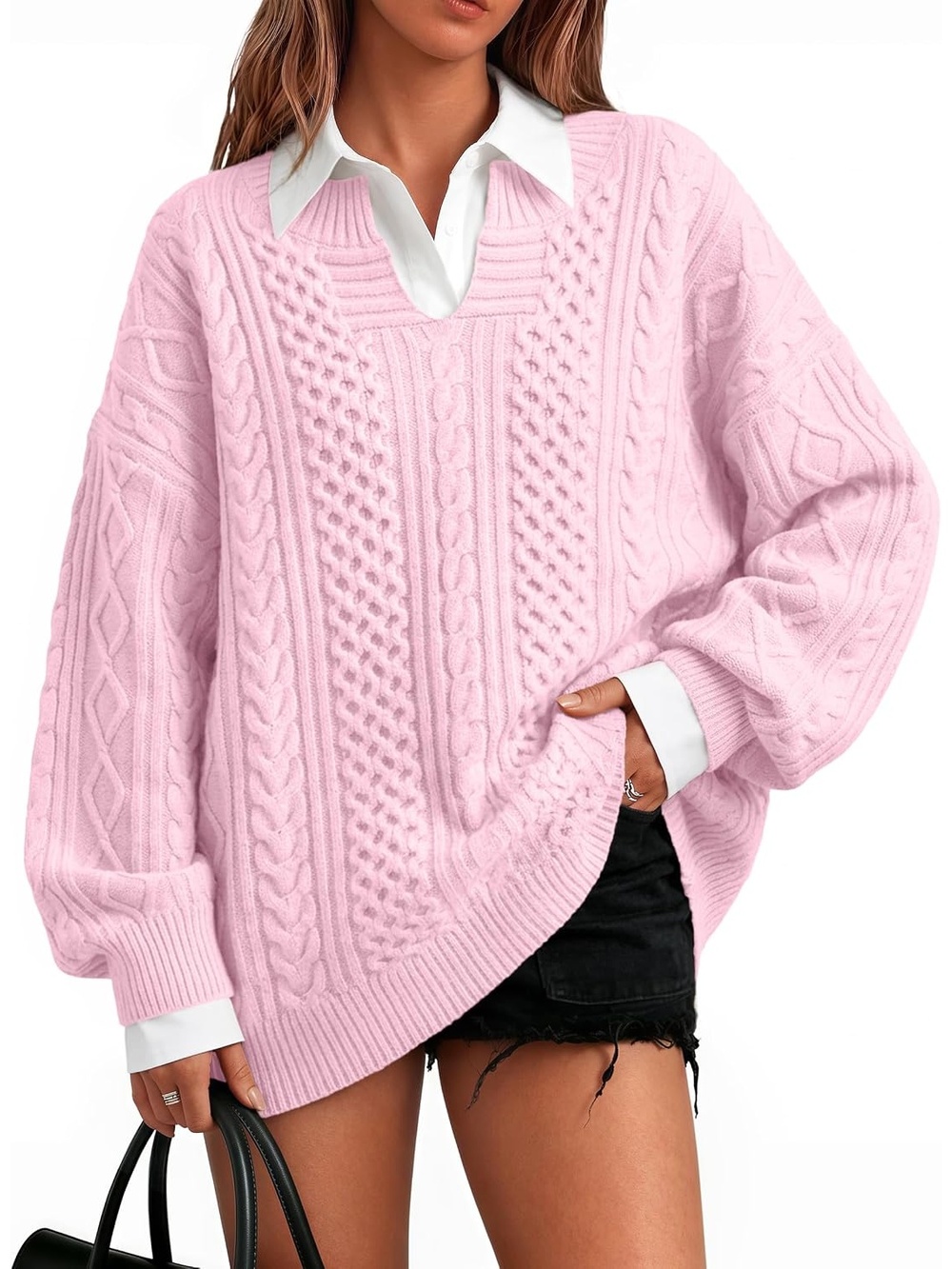 🆕 Womens Pink Cable Knit Oversized Sweater V Neck Long Sleeve Pullover Top
